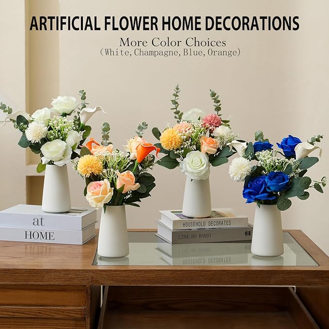 Fake Flowers with a Ceramic Vase for Centerpiece Table Decorations, Faux Blue Silk Rose in Vase, Flowers Arrangements Artificial Flowers Indoor for Dinning Coffee Table Home Decor(Blue White)
