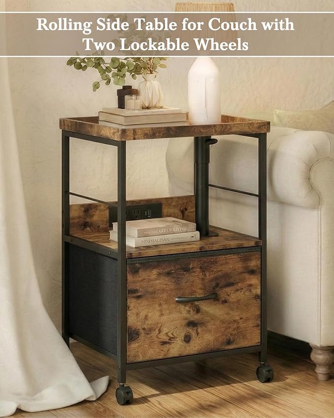 Swivel Lift Top Nightstand with Charging Station, Vacuum Forming Adjustable Bedside Table, Rolling Night Stand with Wheels, Small End Table with Fabric Drawer, for Bedroom, Living Room, Rustic