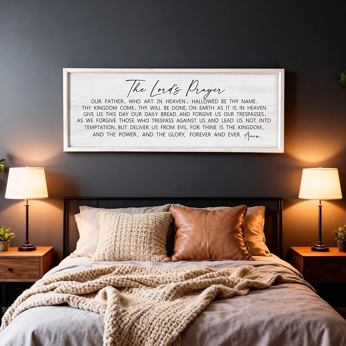 Our Father Prayer Bible Verse Framed Wall Art, 40''×15'' White Horizontal Religious Christian Lords Prayer Sign for God Jesus Christ Prayer, Rustic Holy Inspirational Catholic Scripture Decor
