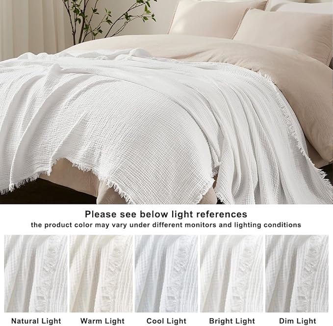 WDCOZY 100% Cotton Muslin Blanket Queen Size 4-Layer for Bed Breathable Lightweight Soft Large Boho Farmhouse Linen Tassels Ruffle Gauze Blankets All Season for Adults 90x90 Inches White
