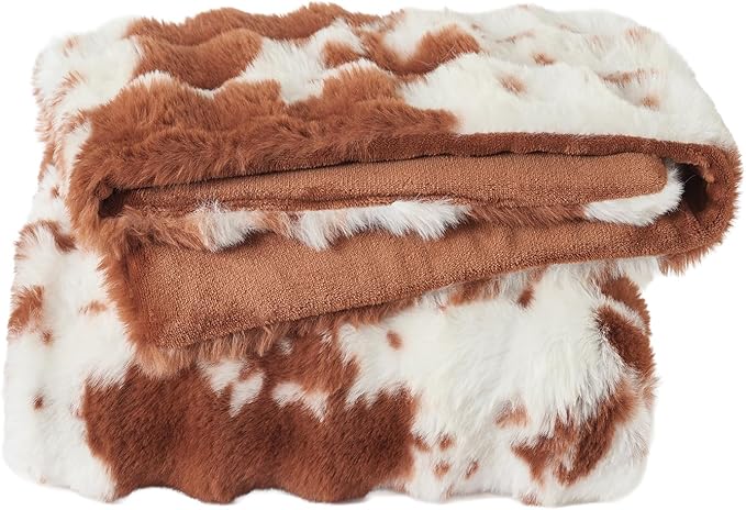 Lotus Karen Faux Fur Throw Blanket Cow Print-Light Brown, Fluffy Fuzzy Plush Bubble Blanket for Couch, 60x50 Inches Cozy Shaggy Rabbit Blanket, Luxury Decorative Gifts for Sofa Bedroom Living Room.