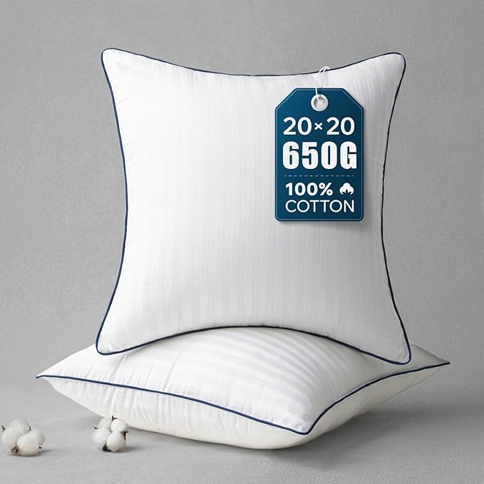 Phantoscope 20x20 Pillow Inserts, Decorative Throw Pillow Inserts with 100% Cotton Striped Cover, Virgin Fiber Pillow Sham Stuffer, Square Couch Cushion Pillows, Pack of 2, 20x20 Inch