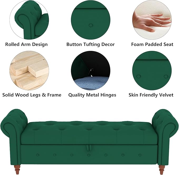 Aoowow Rolled Arm Storage Benches for Bedroom End of Bed Ottoman Bench 63" Long Bench with Storage and Seating for Living Room,Entryway,Window,Button Tufted with Solid Wood Legs (Velvet Green)