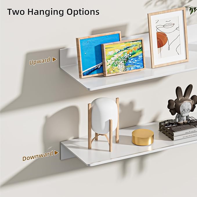 Glossy White Metal Floating Shelf 2-Piece Set, Adhesive Wall Shelves in Thickened Aluminium Wall Mounted Shower Caddy, Ideal for Display & Storage in Living Room, Bedroom, Bathroom (11.7")