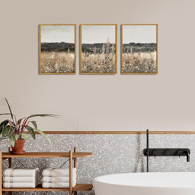 Wodkwq 3 Piece Vintage Landscape Canvas Wall Art Framed,Above Bed Wall Art,Farmhouse decor,Neutral Minimalist Wall Painting,Wildflower Art Prints For Living Room,Bedroom,Office 12x16in
