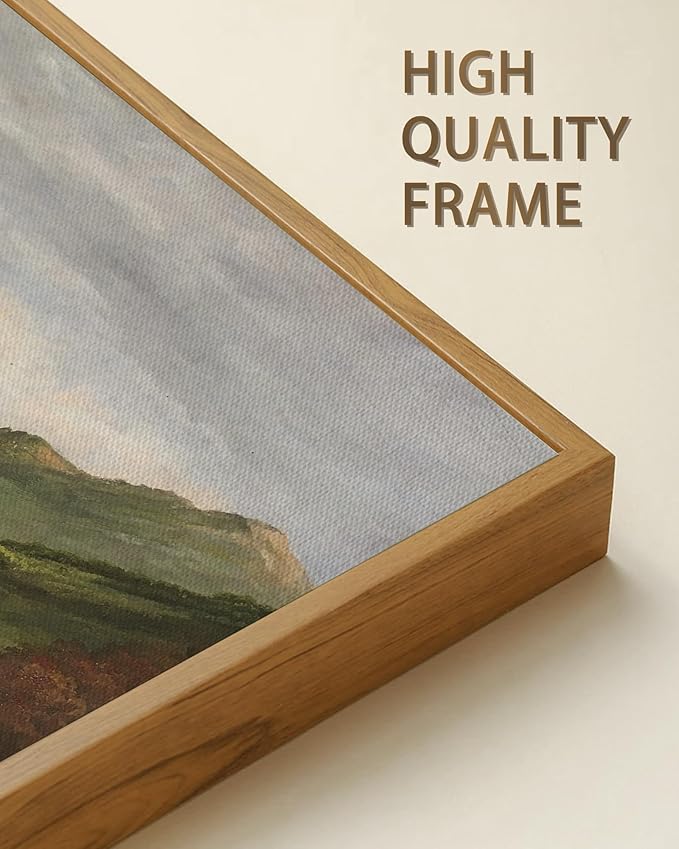 SHENIFY 20x40in Extra Large Vintage Framed Wall Art Mountain Range Valley River Landscape Painting Retro Meadow Scenery Farmhouse Bedroom Above of Bed Living Room Decor - Natural Framed