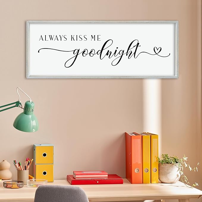 comurdyo Romantic Couple Always Kiss Me Goodnight Sign 40"×15" for Large Modern Rustic Love Theme Master Bedroom Above bed Wood Frame Horizontal Hanging Wall Art Decor (White)