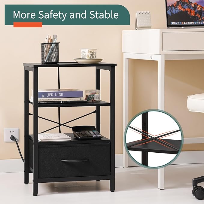 Yoobure Side Table with Storage, LED Night Stand with Charging Station, End Tables Living Room, Nightstand for Bedroom with Adjustable Fabric Drawer, 3-Tier Wood Bedside Table, Black