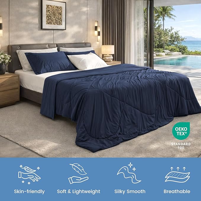 Cozy Bliss Cooling Comforter Queen Size, Cooling Blankets for Hot Sleepers and Night Sweats, Dark Blue Summer Comforter for Queen Size Bed, Breathable Soft Lightweight Silk Smooth