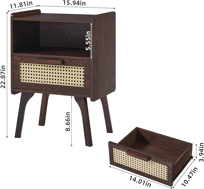 Lerliuo Rattan Nightstands Set of 2, Bedside Table with Drawer Open Shelf, Cane Accent Side End Table with Solid Wood Legs, Walnut Vintage Night Stand for Bedroom, Dorm and Small Spaces