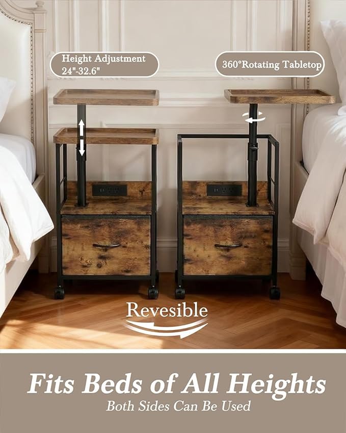 Swivel Lift Top Nightstand with Charging Station, Vacuum Forming Adjustable Bedside Table, Rolling Night Stand with Wheels, Small End Table with Fabric Drawer, for Bedroom, Living Room, Rustic