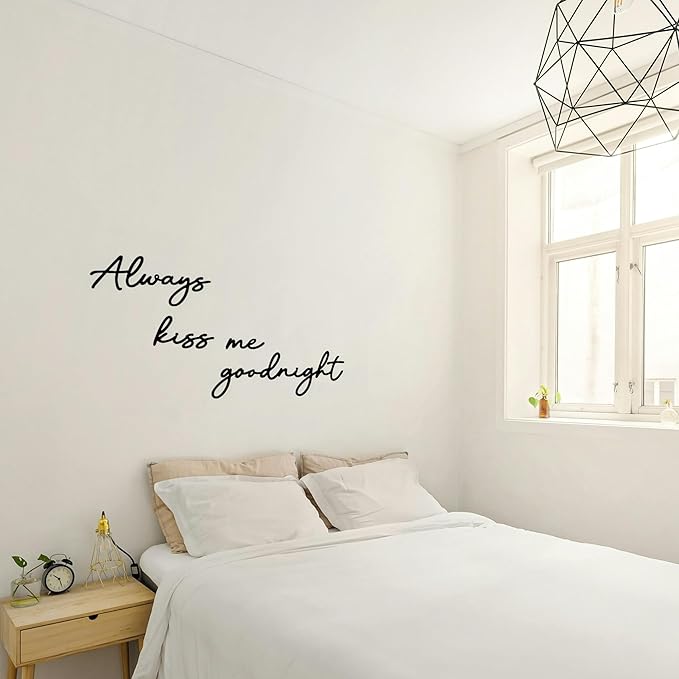 Always Kiss Me Goodnight Wall Sign Metal Wall decor Love Theme Wall decor Wall Hanging Sculptures for Bedroom Living Rooms, Black, 19" x 10.2"