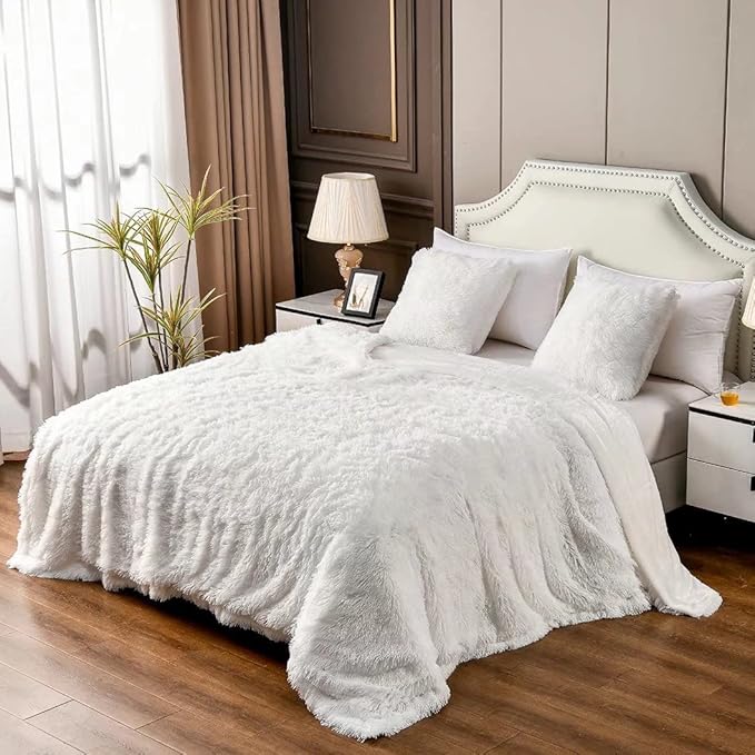 YUSOKI White King Faux Fur Blanket,2 Layers,90"x104",Without Pillows Big Soft Plush Fuzzy Large Warm Fluffy Blanket for Bed…