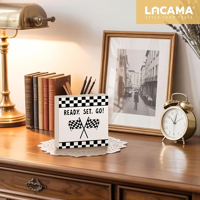 Lacama Race Car Boys Room Wooden Box Sign, Ready Set Go Race Car Decorations Wood Block Signs, Black and White Checkered Wood Sign for Boys Room Playroom Desk Shelf Wall Decor 5x5 Inches