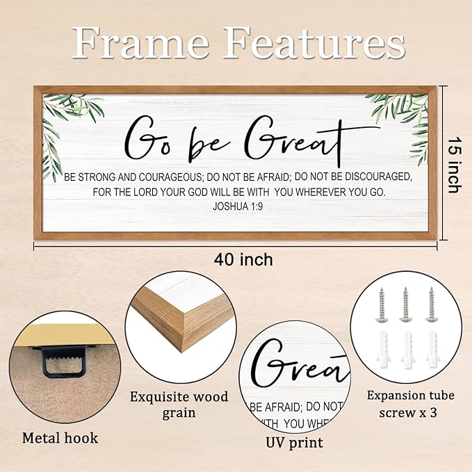 Go Be Great Wall Decor: 40x15 Inch Large Framed Bible Verse Wall Art, Joshua 1:9 Scripture Sign, Christian Wall Decor for Bedroom Living Room, Black Wooden Frame, Natural