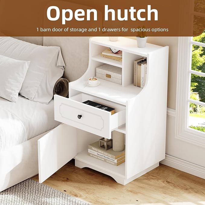 4ever2buy Modern Farmhouse Nightstand with Storage Hutch Engineered Wood Bedside Table with Drawer 30.31 inch Tall Night Stand End Table for Bedroom White