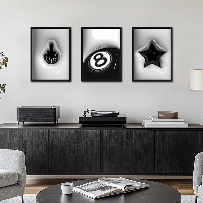 Modern Trendy Wall Art Set of 3, Black and White Lucky 8 Star Wall Decor Paintings Cool Preppy Finger Poster Canvas Prints for Dorm Bedroom Living Room 12x16 inch Framed