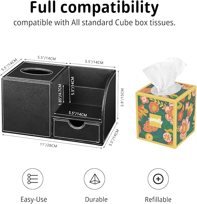 Nightstand Organizer with Tissue Holder,PU Leather Square Tissue Box Cover,Modern Facial Paper Organizer Storage Box for Remote Control,Bathroom,Vanity Countertop,End Table Home Office.Black