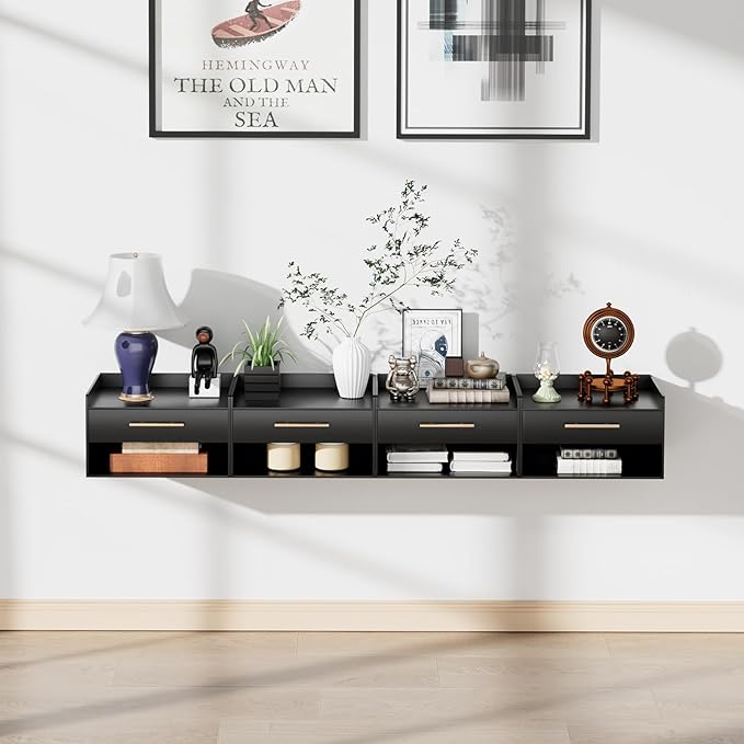 Bamboo Floating Nightstand with Storage Drawer and Modern Open Shelf Cubby，Bedroom, Living Room, Kitchen, Tool Room for use. (Black, Assembly)