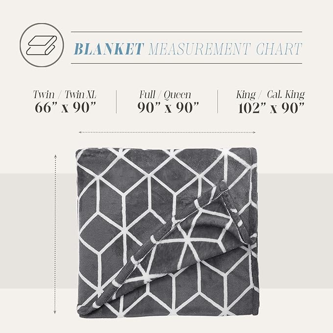Elegant Comfort Luxury Velvety Feel Blanket, All-Season Lightweight Blanket, Ultra Plush, Soft, Cozy-Fuzzy Flannel Fleece for Couch, Sofa, Bed, Travel, Cube Design, King/California King, Gray