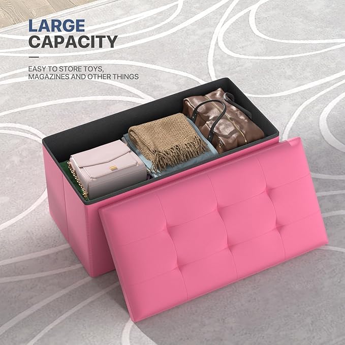 MoNiBloom 30 Inch Storage Ottoman Bench, 24 Gal. Folding Ottoman Footrest, End of Bed Bench, Rectangle Foot Stool, Supports 600 lbs, for Bedroom, Living Room, Entryway, Hallway, Hot Pink