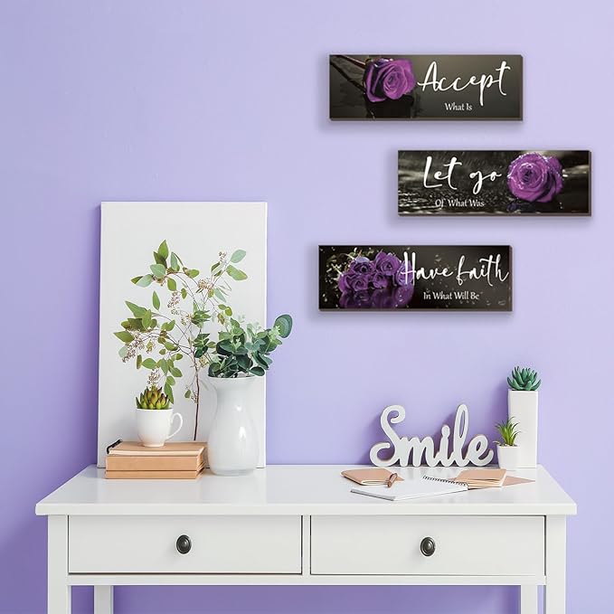 ZINYAZHE 3 Pcs Purple Wall Decor Inspirational Purple Bathroom Decor Wooden Rose Wall Art With Accept Let Go Have Faith Quotes For Girl Women Bathroom Bedroom Office(16 X 5Inch)