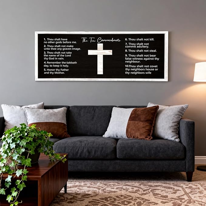 Ten Commandments Rustic Bible Verse Framed Wall Decor, 40" x 15", Religious Christian Slogan Representing a Prayer to God Jesus Christ, Vintage Horizontal Holy Inspirational Catholic Scripture Decor