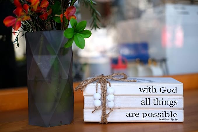 LIVDUCOT Farmhouse Wooden Decor Book Stack | Rustic Faux Book Stacks | With God All Things Are Possible Sign