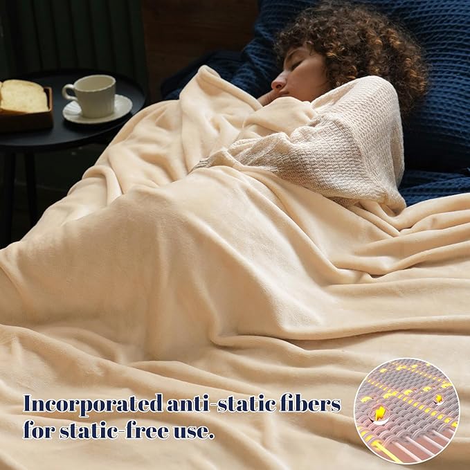 PHF Ultra Soft Fleece Blanket Queen Size, No Shed No Pilling Luxury Plush Cozy 300GSM Lightweight Blanket for Bed, Couch, Chair, Sofa Suitable for All Season, 90" x 90", Beige