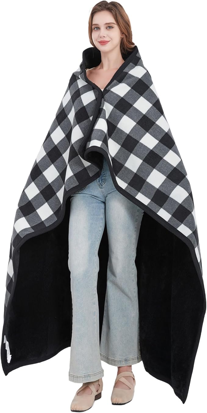 forestfish Fleece Wearable Blanket Oversized, Comfy Lightweight Lap Blanket Poncho Throw with Buttons, 63“x 55”(Black)