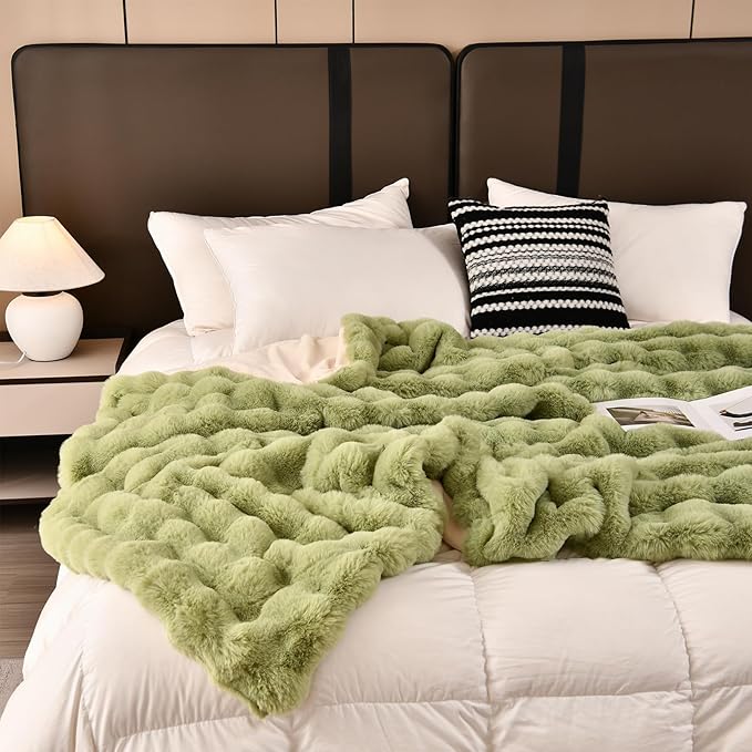 H&D Faux Fur Throw Blanket for Couch,Fluffy Cozy Soft Plush Luxury Thick Fuzzy Fleece Blanket for Couch Bed Sofa Bedroom Living Room,Comfy Bubble Blanket(Sage Green, Throw (50" x 60"))