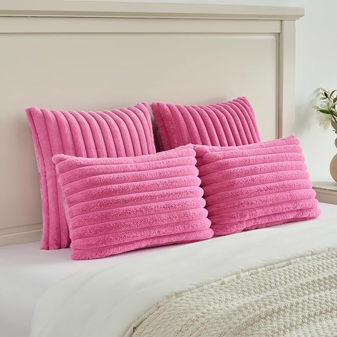 FUTEI Hot Pink Decorative Throw Pillow Covers Set of 2, 16x16 Inch Soft Fluffy Faux Fur Plush Striped Cushion Cases, Modern Home Decor for Couch Bed Living Room