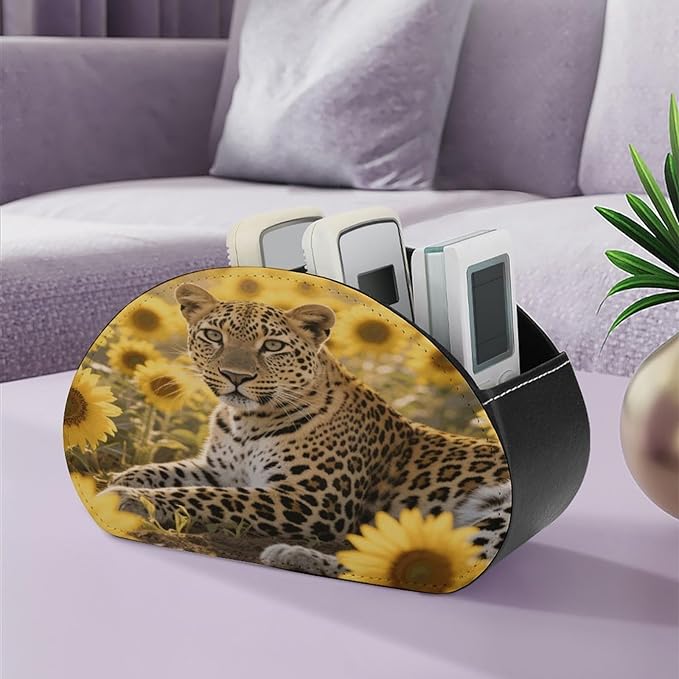 Sunflower Leopard Remote Control Holder Organizer Box with 5 Compartment PU Leather Bedside Storage Caddy Remote Organizer for Controller Media Player Pen/Pencil Storage