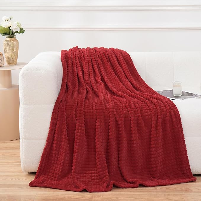 Puncuntex Flannel Fleece Throw Blanket Red 90"×90",Super Soft Plush Cozy Blanket with Square Grid Design Luxury for Couch Sofa Chair