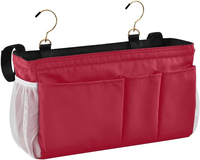 YETTASBIN Red Bedside Caddy Hanging Storage Organizer Bag with 2 Straps & Hooks for Bunk Beds, College Dorm, Hospital Bed - Holder for Books, Phone, Magazine, Glasses, Keys