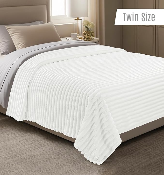 Utopia Bedding Off White Striped Fleece Blanket Twin Size – Fluffy, Warm & Lightweight Ribbed Throw for Bed, Sofa & Chair - Soft Cozy Blanket for Home Décor & Gifting (60x80 Inches)