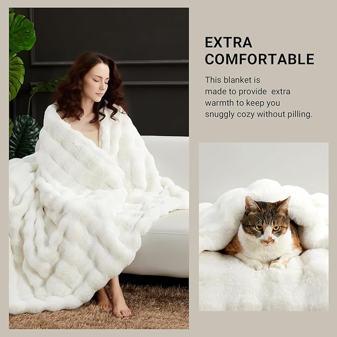 SAPHREAS Faux Fur Throw Blanket for Couch, Fluffy Fuzzy Bubble Blanket for Sofa Bed Living Room, Decor Soft Cozy Gifts for Women Men, 50x60” Cream White