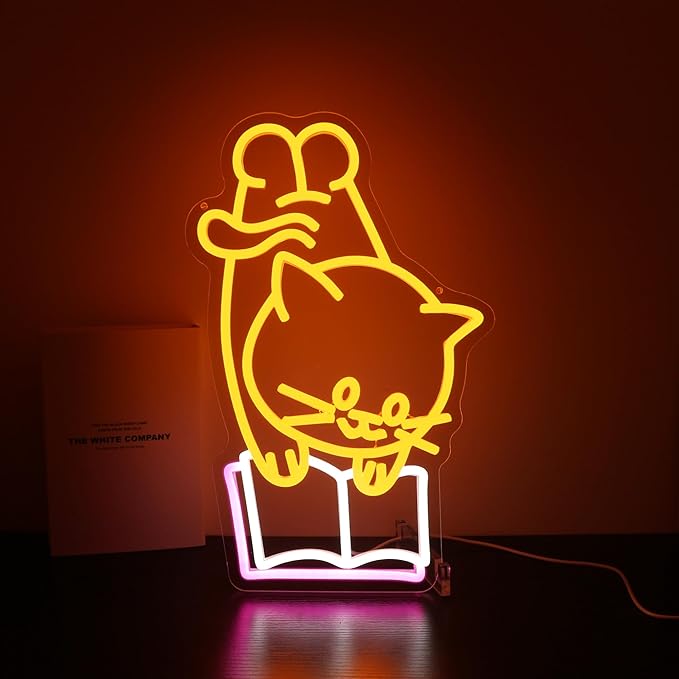 Neon Sign - HSJNJKFU Cat Neon Signs for Wall Decor Cat Reading Book Led Light Up Sign for Bedroom Room Birthday Party Home Decor