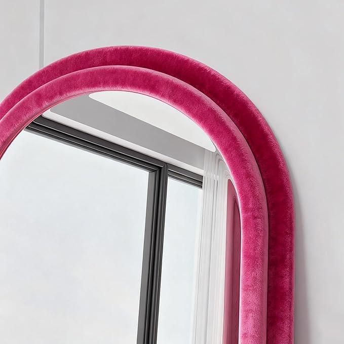 Full Length Mirror, Floor Mirror with Stand, 63"x24" Freestanding Arched Mirror Full Length Hanging or Leaning, Wall Mounted Mirrors with Flannel Frame, Large Mirrors for Bedroom (Rose Red)