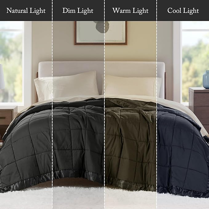 Madison Park Twin Size Blanket Ultra-Soft Microfiber Twin Size, Box Quilting with Satin Binding, All Season & Lightweight Twin Summer Blanket for Bed, Couch & Sofa, Twin, Black