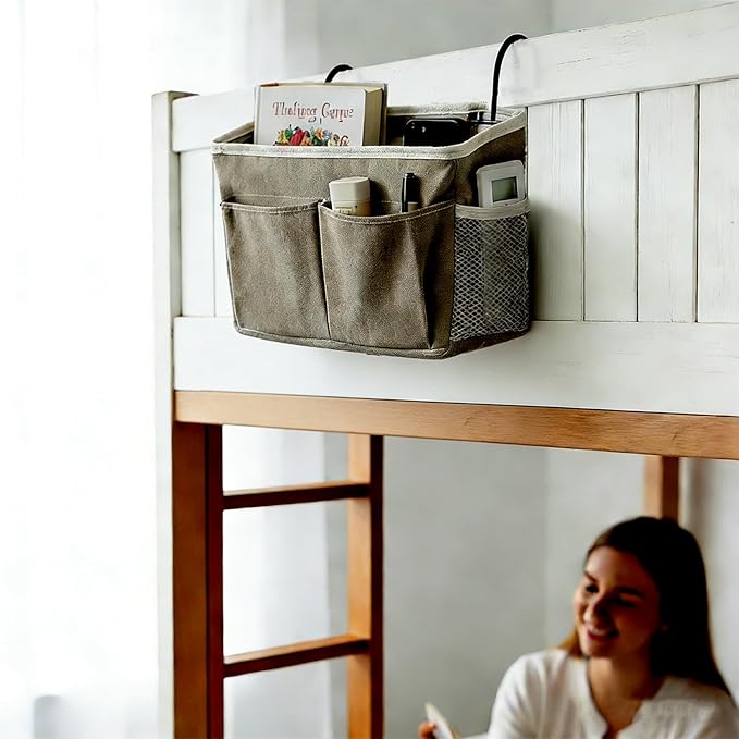 Bedside Caddy, Bedside Storage Bag Hanging Organizer for College Dorm Beds, Hospital Beds, Headboards Bunk Beds, Glasses, Book, Phone, Magazine (Grey)