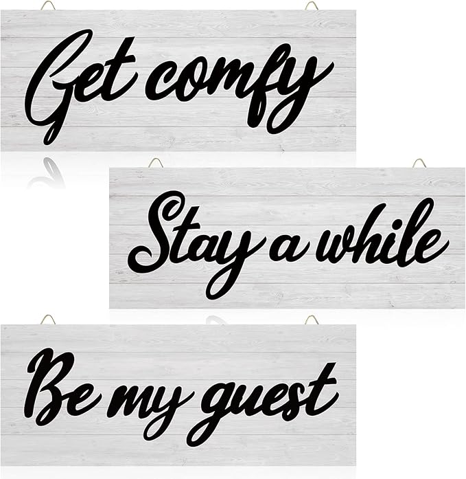 Maitys 3 Pcs Guest Room Decor, Get Comfy Wall Sign Stay a While Bedroom Wall Sign Rustic Wood Word Guestroom Art Decor for Home, Living Room
