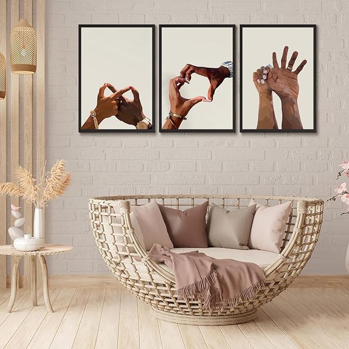 3Pcs Black Couple Wall Art Holding Hands Heart Love Wall Decor Afro Women Men Canvas Poster Prints for Living Room Bedroom Bathroom Decorations Unframed (16x24in)