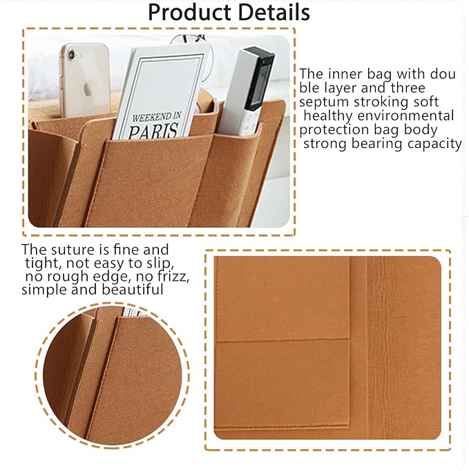 Bedside Organizer, Felt Bunk Bed Storage Hanging Bag, Dorm Upper Multi-Functional Fixed Pocket, Sofa, Baby's Bed Brown