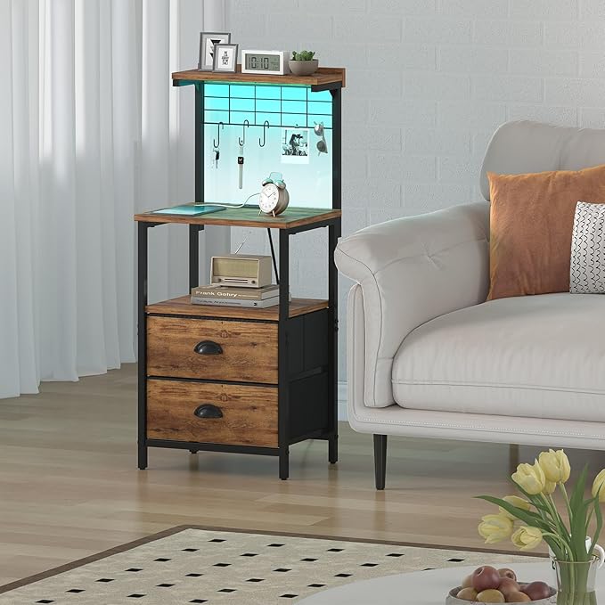 Tall Nightstands with Charging Station, LED Night Stand Bedsides with 2 Fabric Drawers,Hooks,USB Port and Open Storage Shelves,Tall End Table Bedside for Bedroom,Office, Rustic Brown