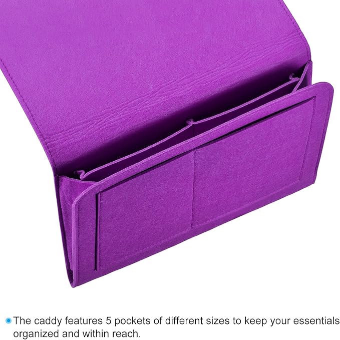 PATIKIL 13in Bedside Caddy, Bed Caddy Bedside Organizer Hanging Soft Felt 5 Pockets Bed Pockets Bedside Storage Organizer Remote Control Holder for Bedroom Phones Glasses, Purple