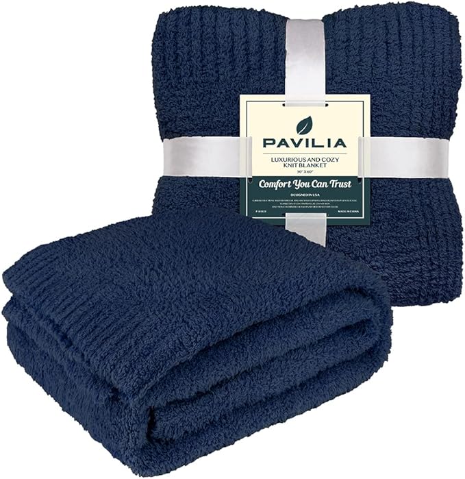PAVILIA Super Soft Throw Blanket for Couch, Fluffy Cozy Lightweight Navy Blue Blanket, Fuzzy Warm Knit Blanket for Bed Sofa, Dark Blue, 50x60