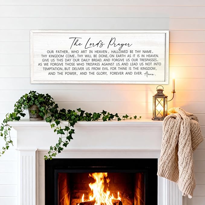 Our Father Prayer Bible Verse Framed Wall Art, 40''×15'' White Horizontal Religious Christian Lords Prayer Sign for God Jesus Christ Prayer, Rustic Holy Inspirational Catholic Scripture Decor