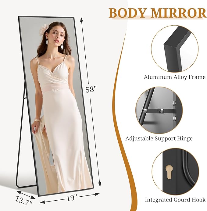 Full Length Mirror 58"x19" Full Body Mirror Rectangle Free Standing Wall Mounted Leaning Floor Mirrors with Stand Aluminum Alloy Frame for Bedroom Cloakroom, Black
