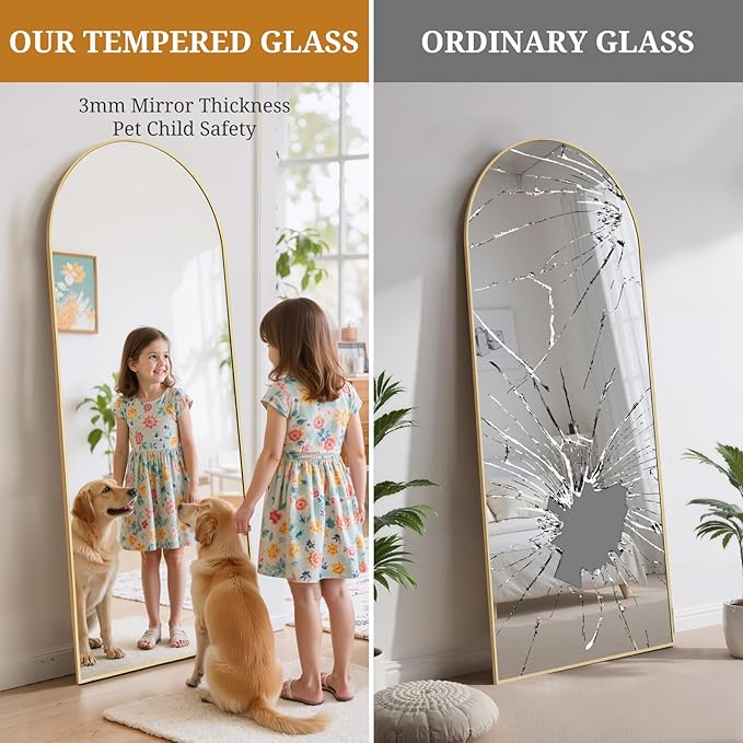 Full Length Mirror 64"x21" Full Body Mirror Arched Free Standing Wall Mounted Leaning Floor Mirrors with Stand Aluminum Alloy Frame for Bedroom Cloakroom, Gold